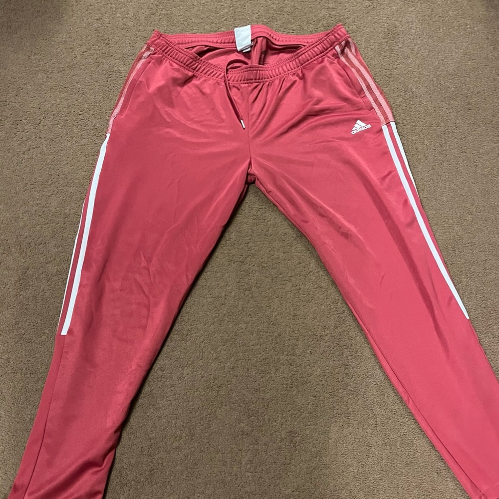 Adidas Women's Pink Joggers with White Stripes
